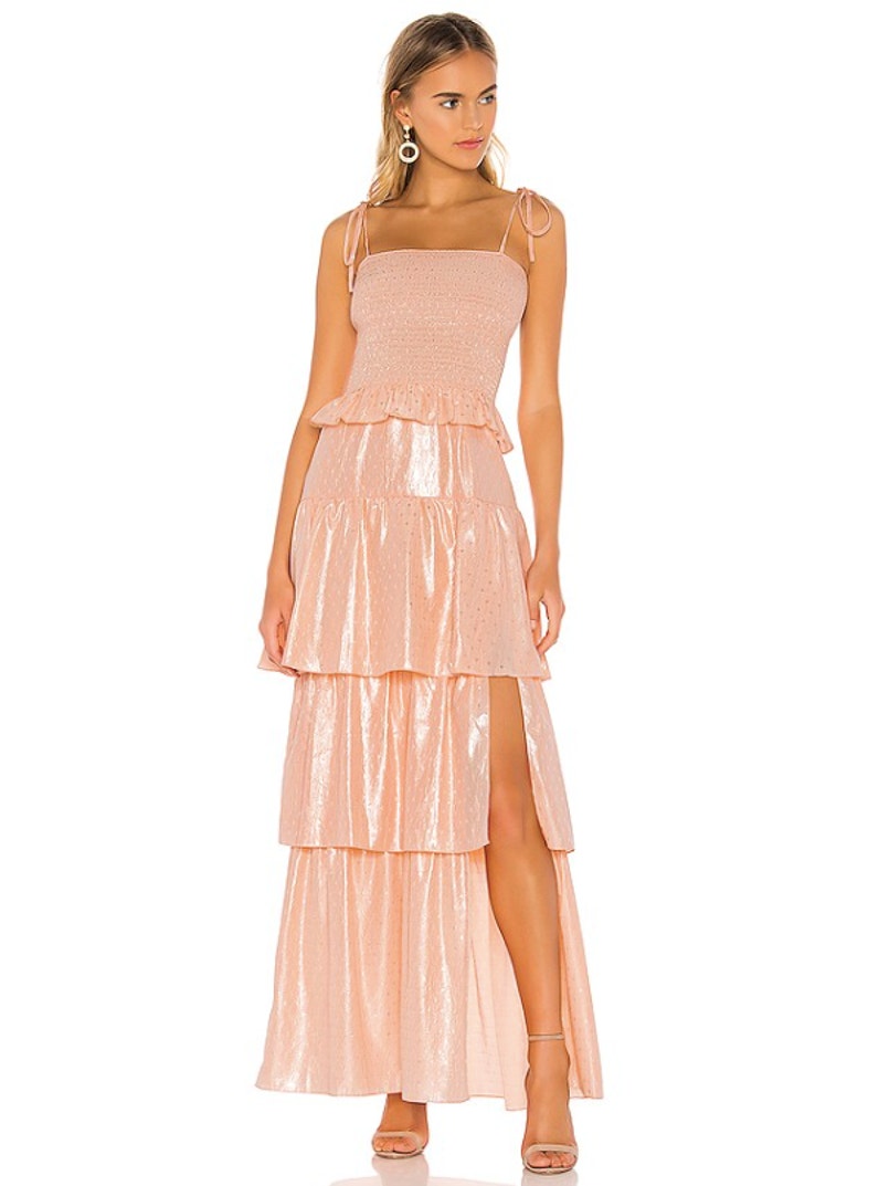 Amanda Uprichard Duchess Smocked Shirred Tiered Maxi Gown Dress Peach Medium